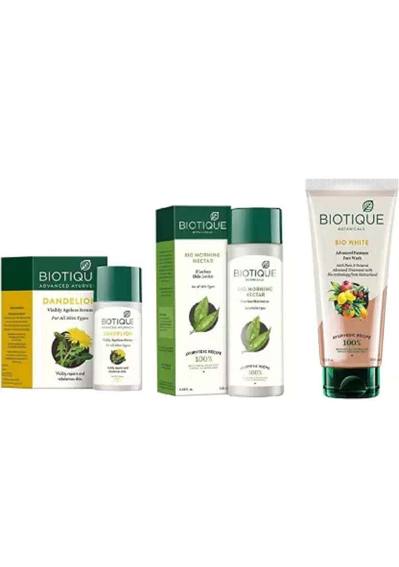Biotique Bio Morning Nectar Flawless Skin Lotion, 120 ml, Bio Dandelion Visibly Ageless Serum, 40 ml and Bio White Advanced Fairness Face Wash, 100 - Indya