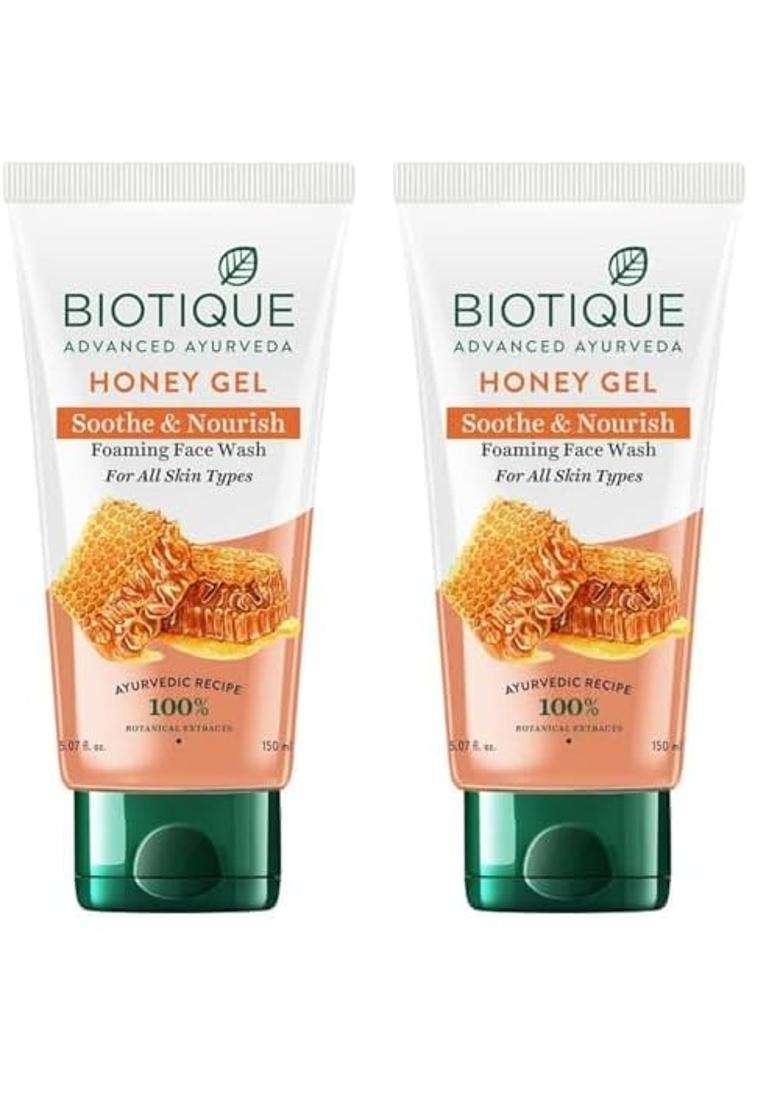 Biotique Honey Gel Soothe & Nourish Foaming Face wash 150 ml (Pack of 2) | Soap Free Formula | Reduce Dryness | 100% Botanical Extracts - Indya
