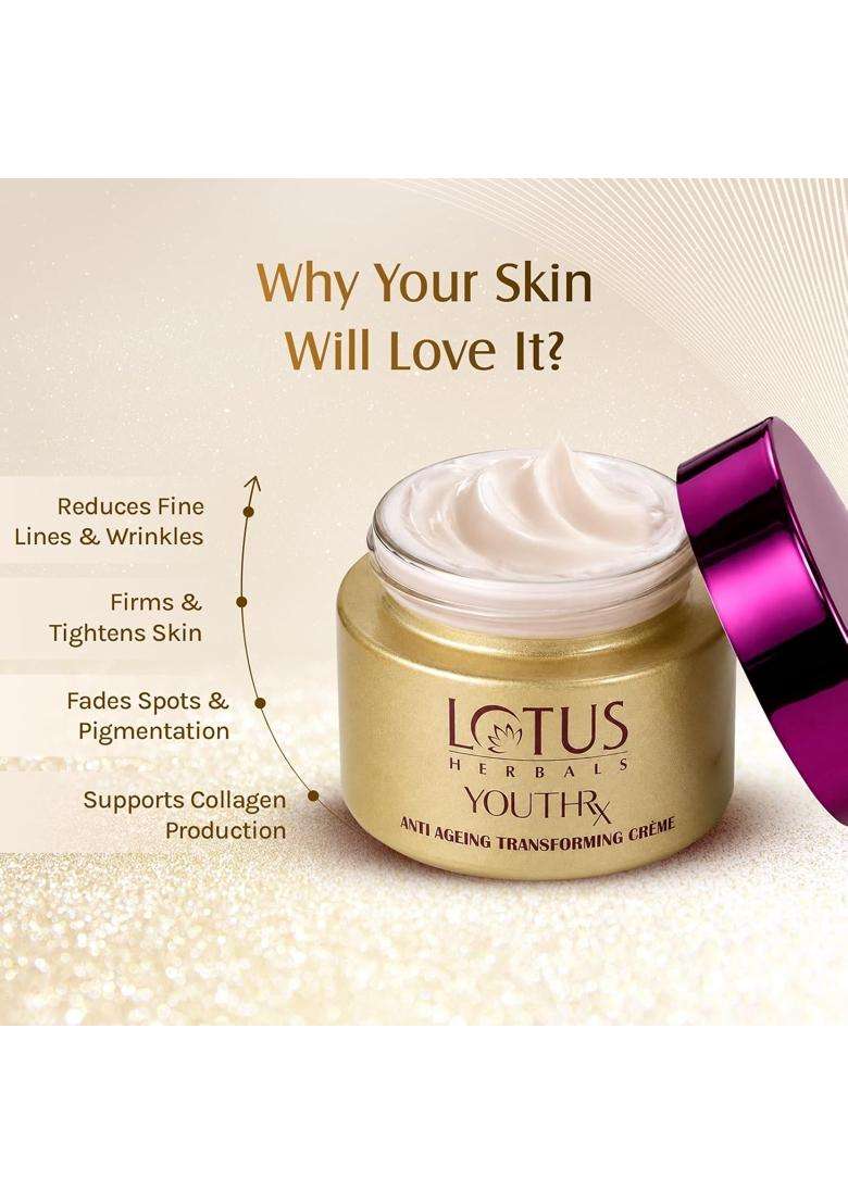 Lotus Herbals YouthRx Anti Ageing Transforming Face Cream SPF 25 and PA+++ 50 g | Authentic Ayurvedic Formula | Reduce Dark Spots and Blemishes - Indya