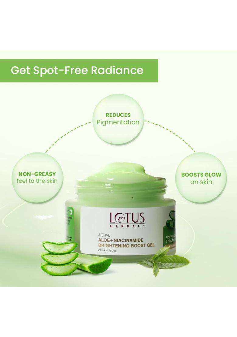 Lotus Herbals Active Aloe + Niacinamide Brightening Boost Gel 50 g | Natural Herbal Care | Moisturize Skin | Clear Dark Spots | Paraben-free - Indya