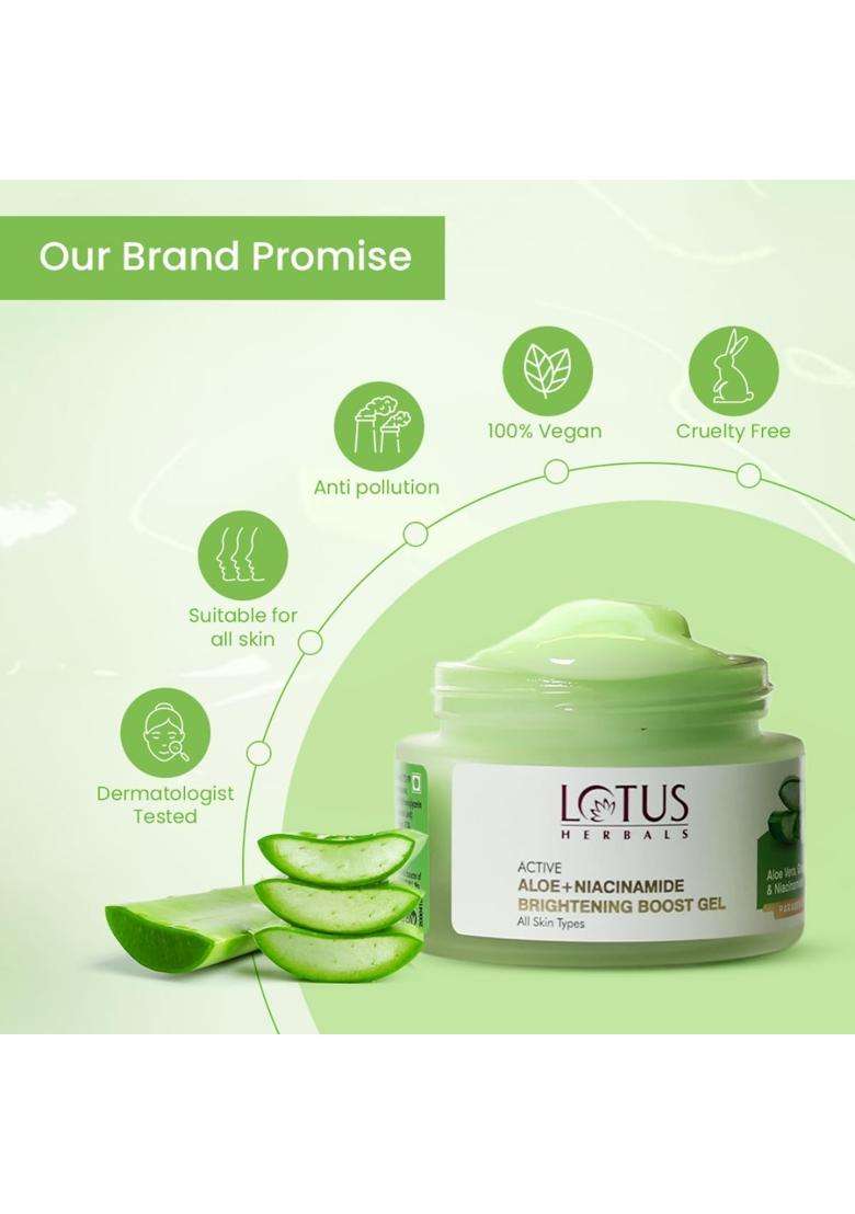Lotus Herbals Active Aloe + Niacinamide Brightening Boost Gel 50 g | Natural Herbal Care | Moisturize Skin | Clear Dark Spots | Paraben-free - Indya