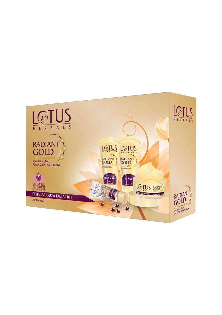 Lotus Herbals Radiant Gold Cellular Glow 5 in 1 Facial Kit 170g | Natural Herbal Care | With 24K Gold leaves | For Natural Golden Glow Skin - Indya