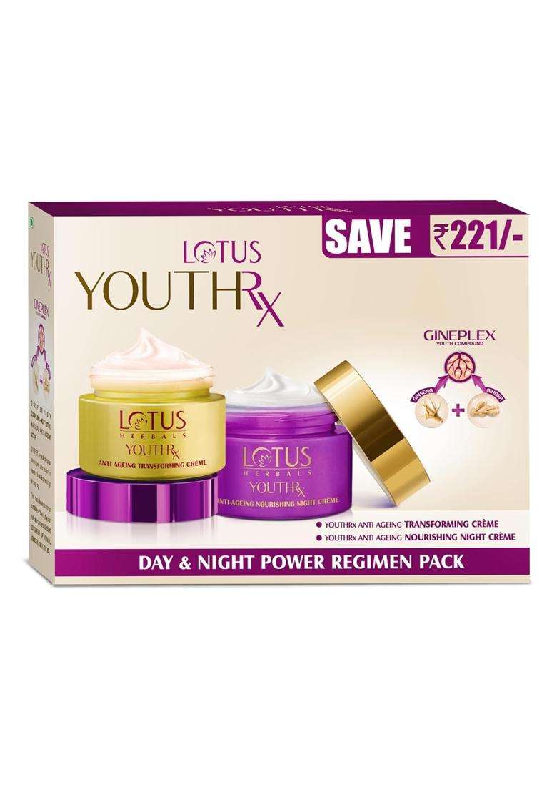 Lotus Herbals YouthRx Power Regimen Pack with Anti-Ageing Day Cream and Night Cream 100g | Natural Herbal Care | Reduces Fine Lines, Wrinkles - Indya