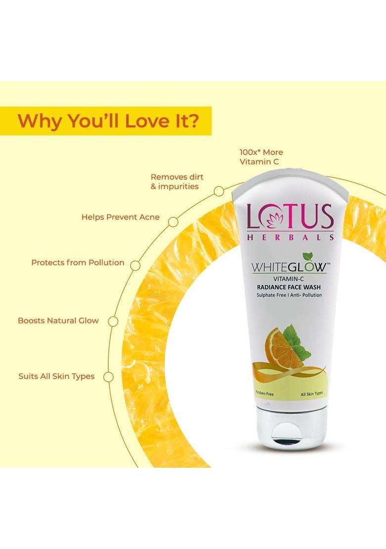 Lotus Herbals WhiteGlow Vitamin C Radiance Face Wash 100g (Pack of 3) | Natural Herbal Care | For Dark Spots & Dull Skin | Anti- Pollution - Indya