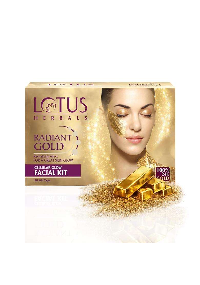 Lotus Herbals Radiant Gold Facial Kit For Instant Glow With 24K Pure Gold & Papaya 148g (4 Use) | Natural Herbal Care | 4 Easy Steps - Indya