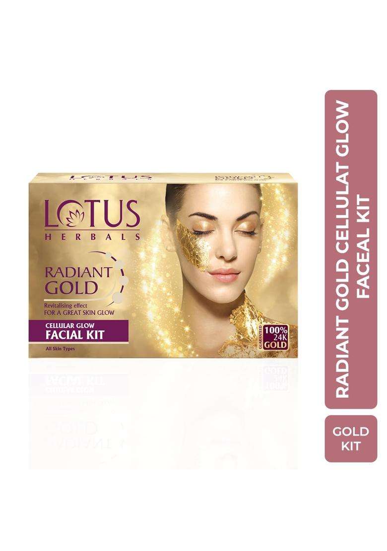 Lotus Herbals Radiant Gold Facial Kit For Instant Glow With 24K Pure Gold & Papaya 148g (4 Use) | Natural Herbal Care | 4 Easy Steps - Indya