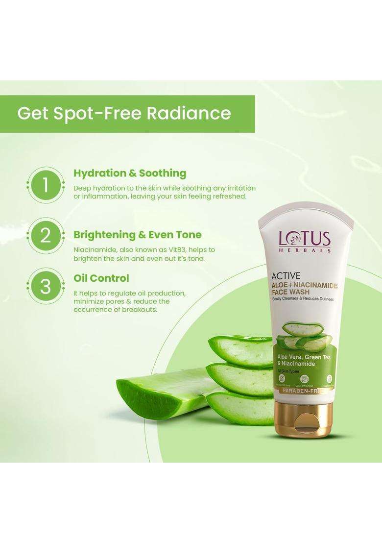Lotus Herbals Active Aloe + Niacinamide Face Wash 100 g | Natural Herbal Care | Gently Cleanses | Reduce Dullness | Sulphate Free | All Skin Types - Indya