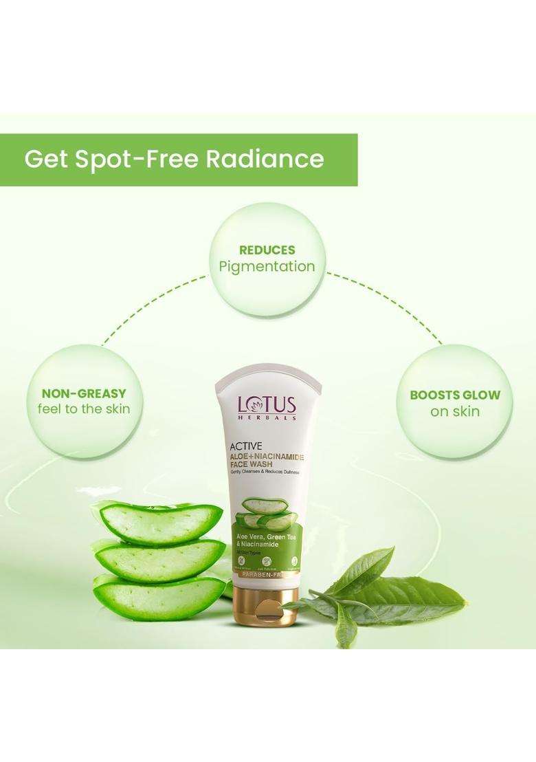 Lotus Herbals Active Aloe + Niacinamide Face Wash 100 g | Natural Herbal Care | Gently Cleanses | Reduce Dullness | Sulphate Free | All Skin Types - Indya