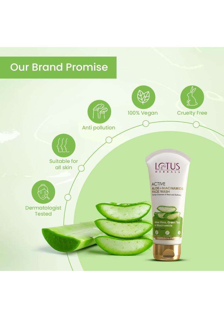 Lotus Herbals Active Aloe + Niacinamide Face Wash 100 g | Natural Herbal Care | Gently Cleanses | Reduce Dullness | Sulphate Free | All Skin Types - Indya