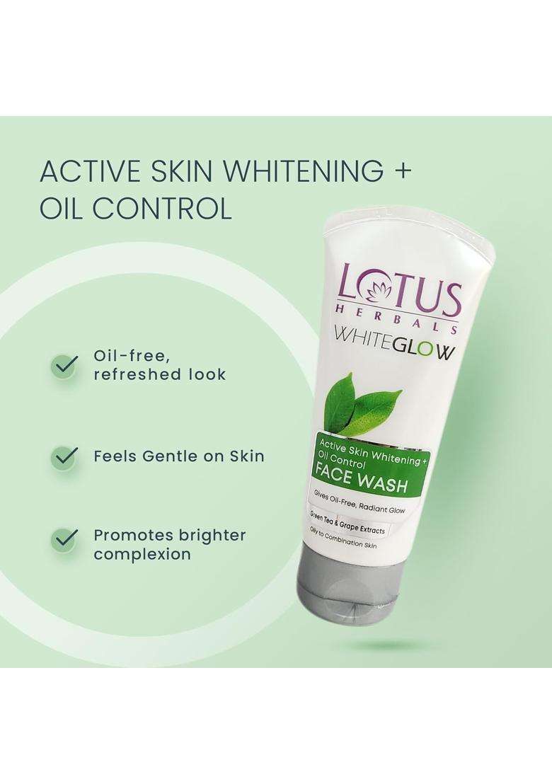 Lotus Herbals Whiteglow Active Skin Whitening & Oil Control Face Wash 100g | Natural Herbal Care | With Green Tea Extract | Brightens Skin - Indya