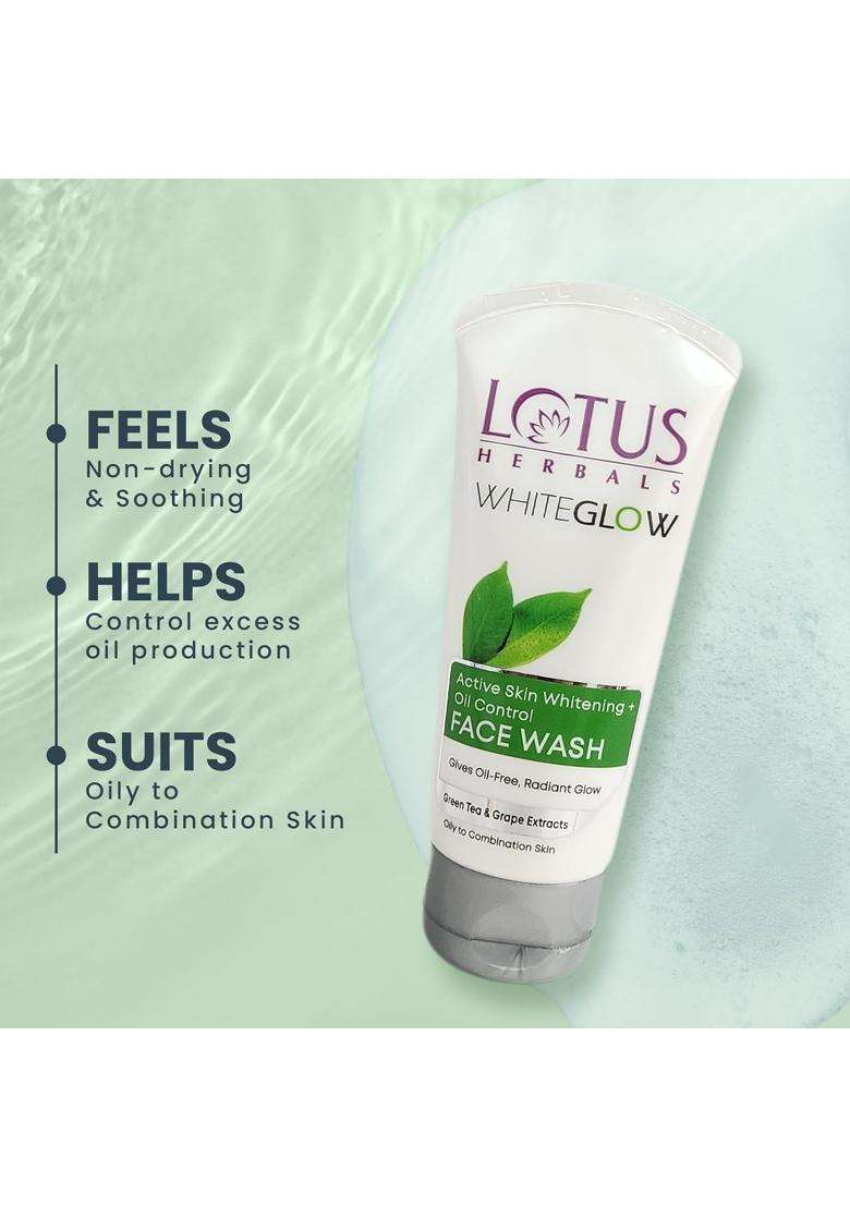 Lotus Herbals Whiteglow Active Skin Whitening & Oil Control Face Wash 100g | Natural Herbal Care | With Green Tea Extract | Brightens Skin - Indya