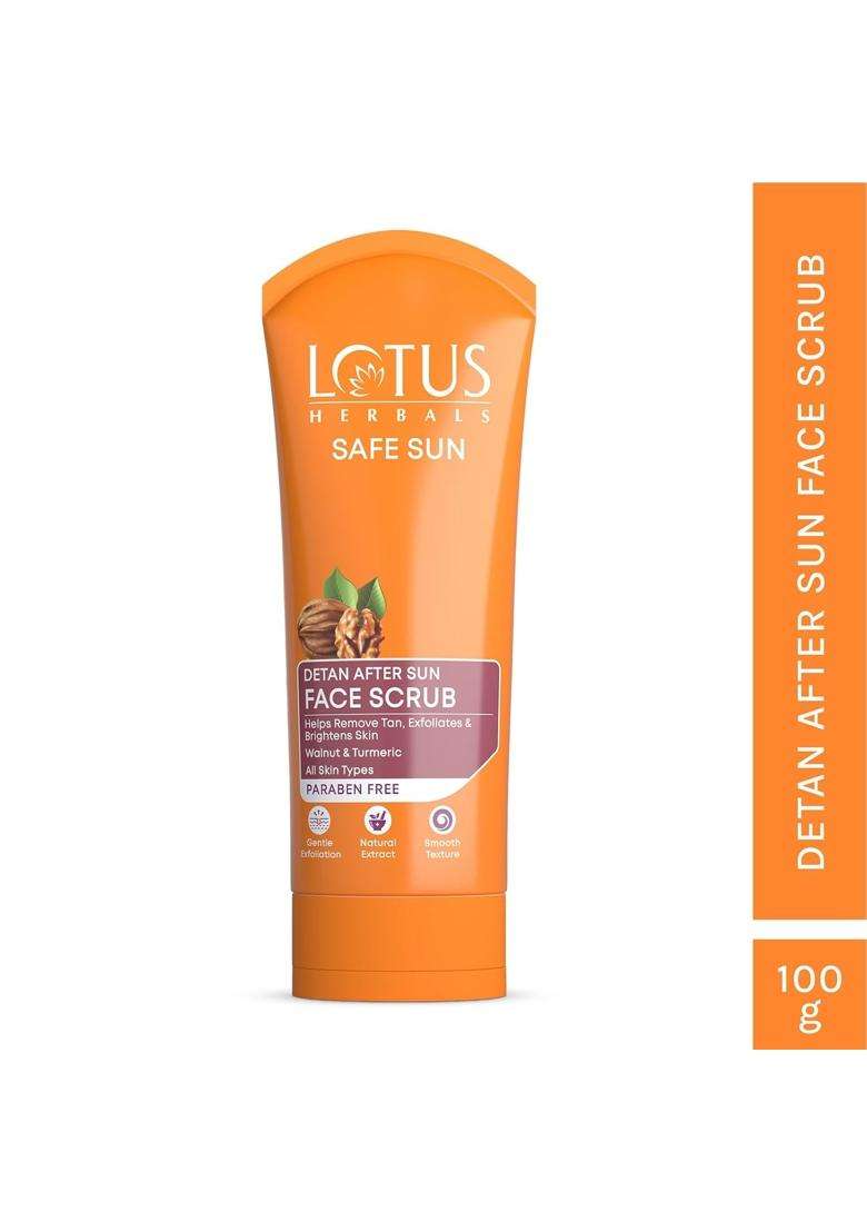 Lotus Herbals Safe Sun DeTAN After-Sun Face Scrub 100 g | Natural Herbal Care | Walnut & Turmeric | Exfoliates, removes tan | All Skin Types - Indya