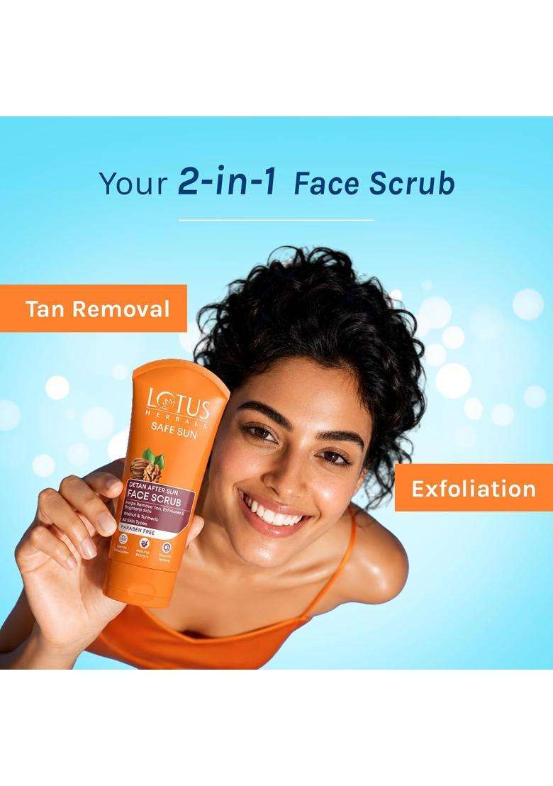 Lotus Herbals Safe Sun DeTAN After-Sun Face Scrub 100 g | Natural Herbal Care | Walnut & Turmeric | Exfoliates, removes tan | All Skin Types - Indya