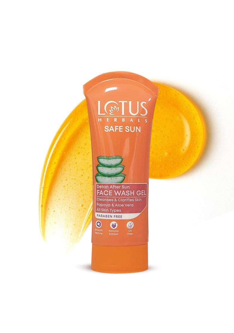 Lotus Herbals Safe Sun DeTAN After-Sun Face Wash Gel 100g | Authentic Ayurvedic Formula | Papaya & Aloe Vera | All Skin Types - Indya