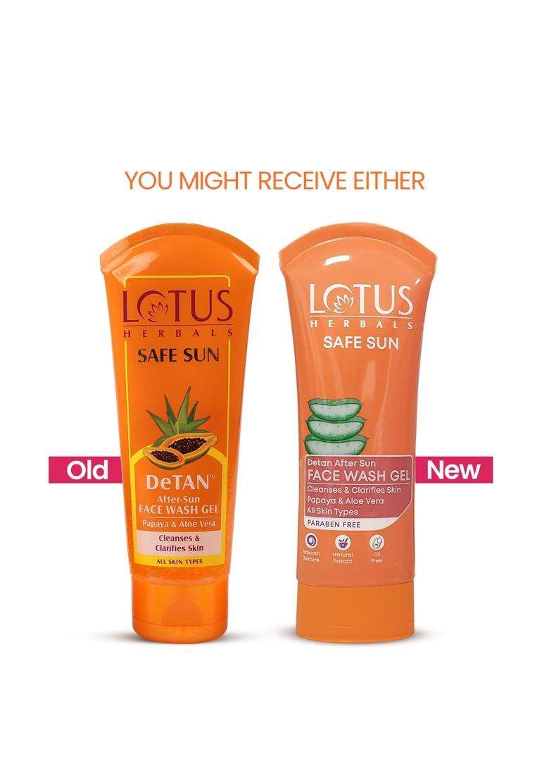 Lotus Herbals Safe Sun DeTAN After-Sun Face Wash Gel 100g | Authentic Ayurvedic Formula | Papaya & Aloe Vera | All Skin Types - Indya