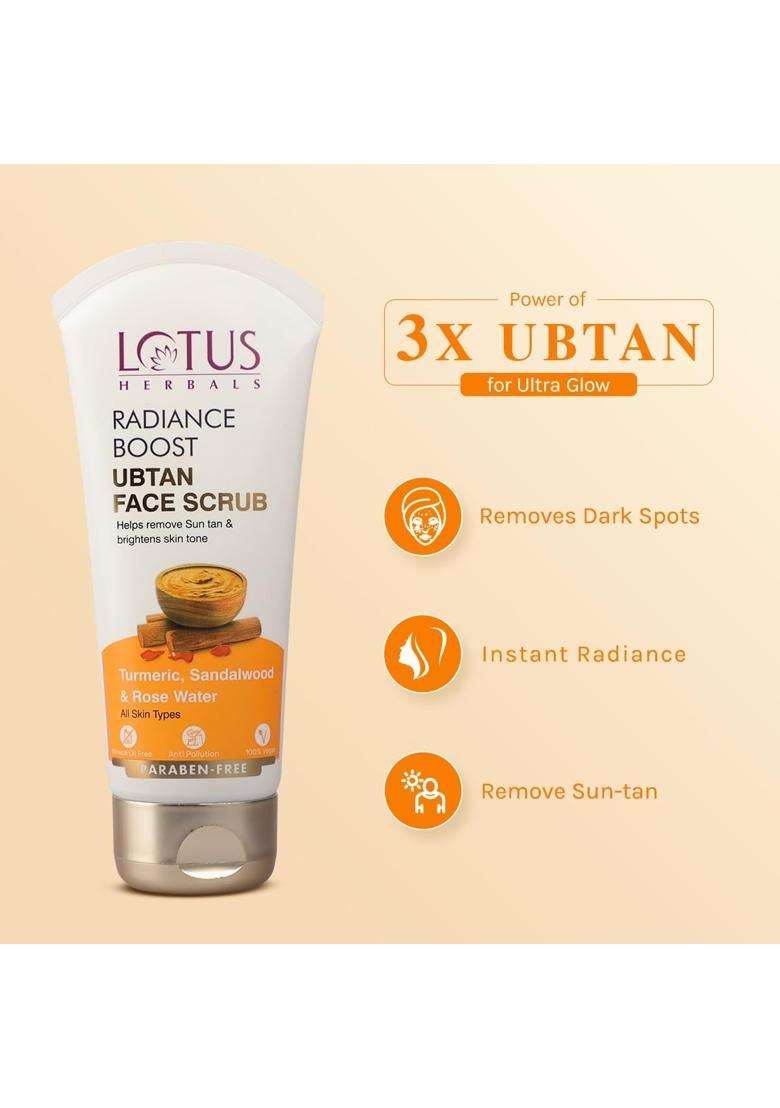 Lotus Herbals Radiance Boost Ubtan Face Scrub 100 g | Natural Herbal Care | Turmeric, Sandalwood and Rose Water | Glowing Skin | Reducing Dark Spots - Indya