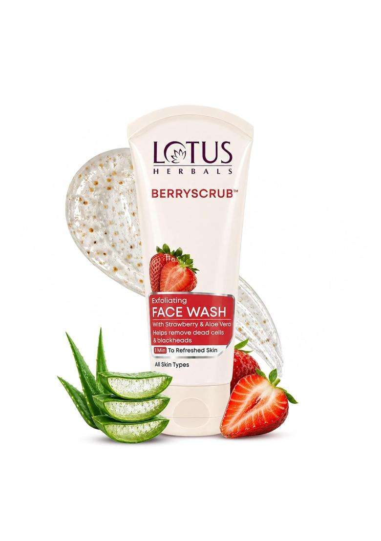 Lotus Herbals Berryscrub Strawberry & Aloe Vera Exfoliating Face Wash 120g | Natural Herbal Care | Deep Cleaning | Blackhead Removal - Indya