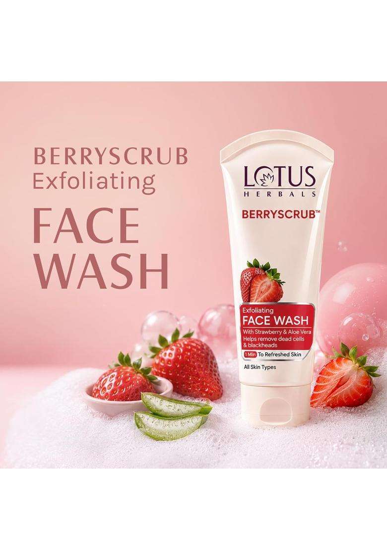 Lotus Herbals Berryscrub Strawberry & Aloe Vera Exfoliating Face Wash 120g | Natural Herbal Care | Deep Cleaning | Blackhead Removal - Indya