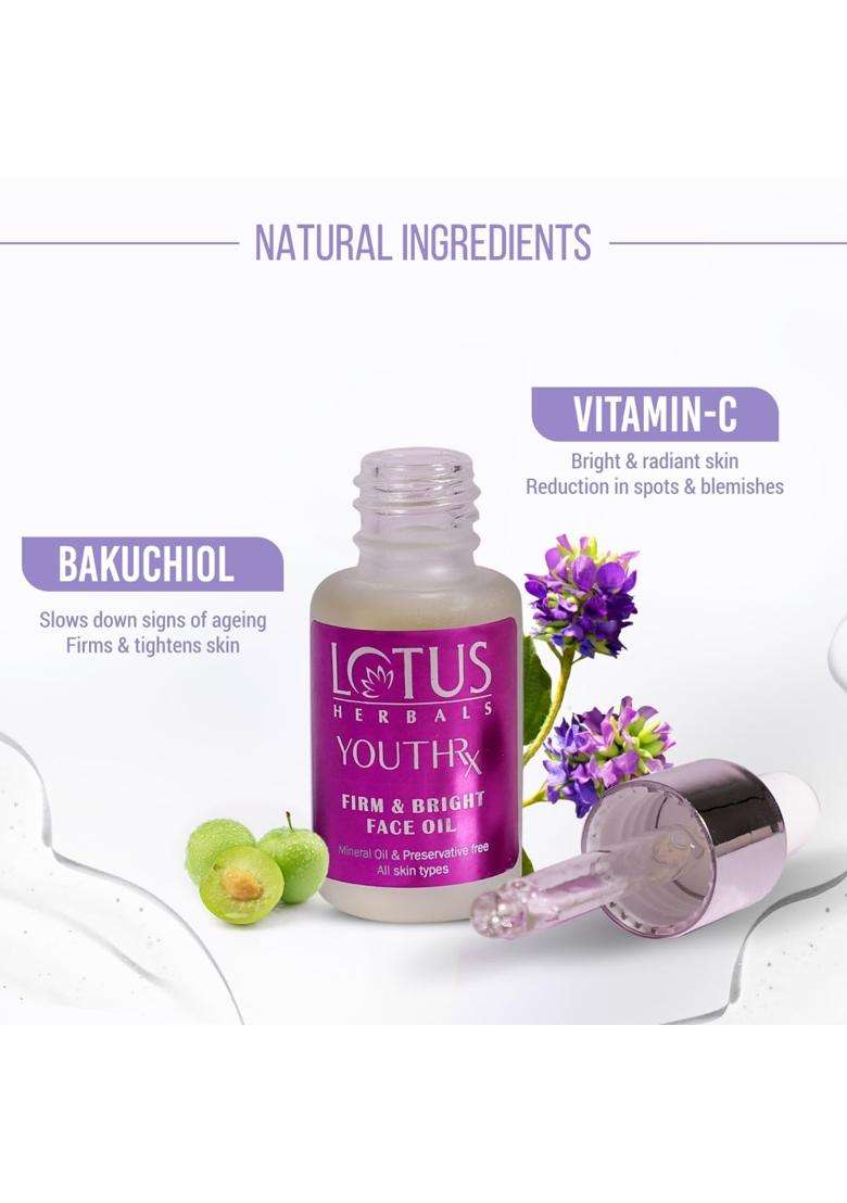 Lotus Herbals YouthRx Firm & Bright Face Oil 15 ml | Natural Herbal Care | Bakuchiol Retinol & Vitamin C | Anti Ageing & Brightening - Indya