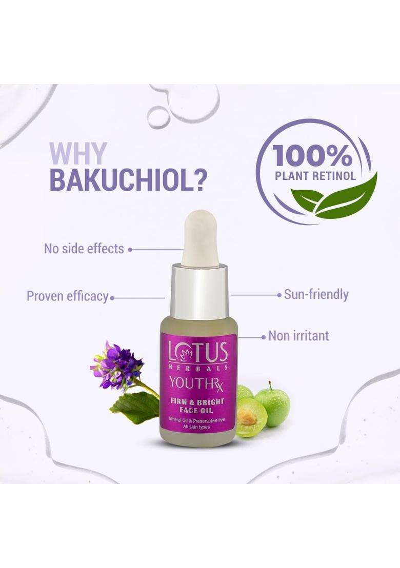Lotus Herbals YouthRx Firm & Bright Face Oil 15 ml | Natural Herbal Care | Bakuchiol Retinol & Vitamin C | Anti Ageing & Brightening - Indya