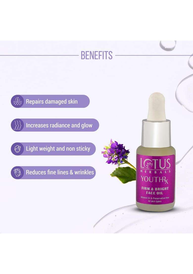 Lotus Herbals YouthRx Firm & Bright Face Oil 15 ml | Natural Herbal Care | Bakuchiol Retinol & Vitamin C | Anti Ageing & Brightening - Indya