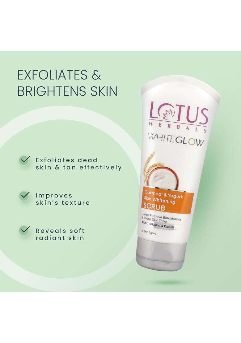 Lotus Herbals WhiteGlow Oatmeal & Yogurt Skin Brightening Face Scrub 100g | Natural Herbal Care | Gentle Exfoliator | Alpha Arbutin & Kaolin - Indya