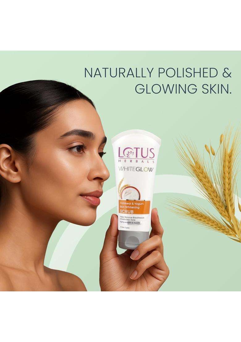 Lotus Herbals WhiteGlow Oatmeal & Yogurt Skin Brightening Face Scrub 100g | Natural Herbal Care | Gentle Exfoliator | Alpha Arbutin & Kaolin - Indya