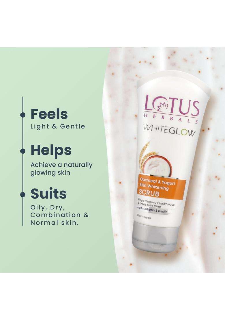 Lotus Herbals WhiteGlow Oatmeal & Yogurt Skin Brightening Face Scrub 100g | Natural Herbal Care | Gentle Exfoliator | Alpha Arbutin & Kaolin - Indya
