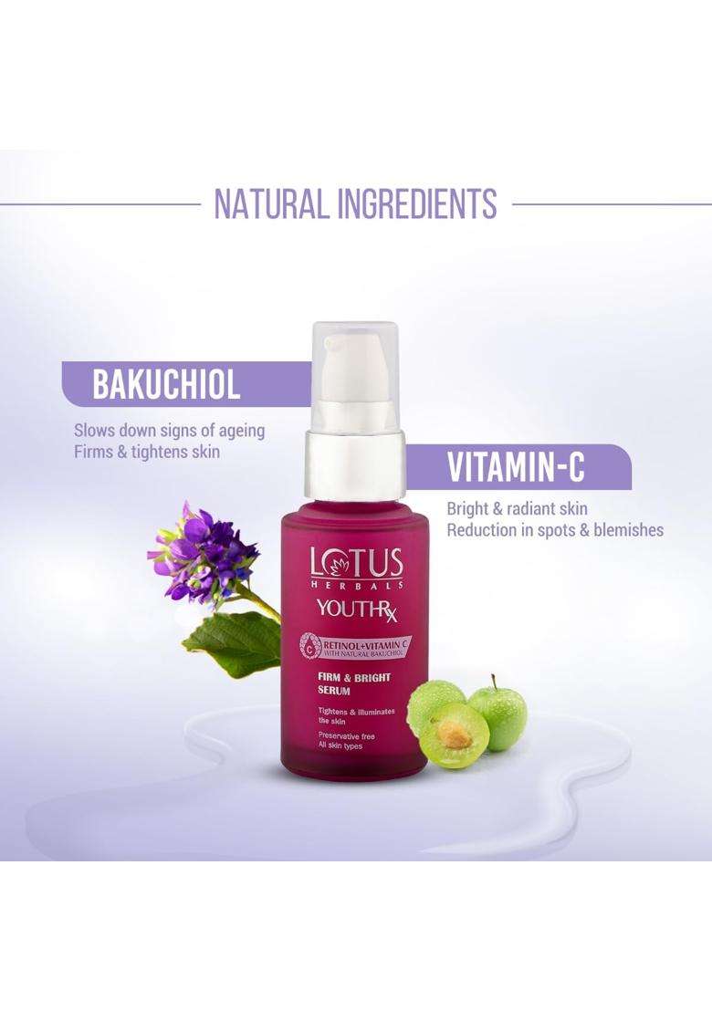 Lotus Herbals YouthRx Firm & Bright Face Serum 30 ml | Natural Herbal Care | Bakuchiol Retinol & Vitamin C | Anti Ageing & Brightening - Indya