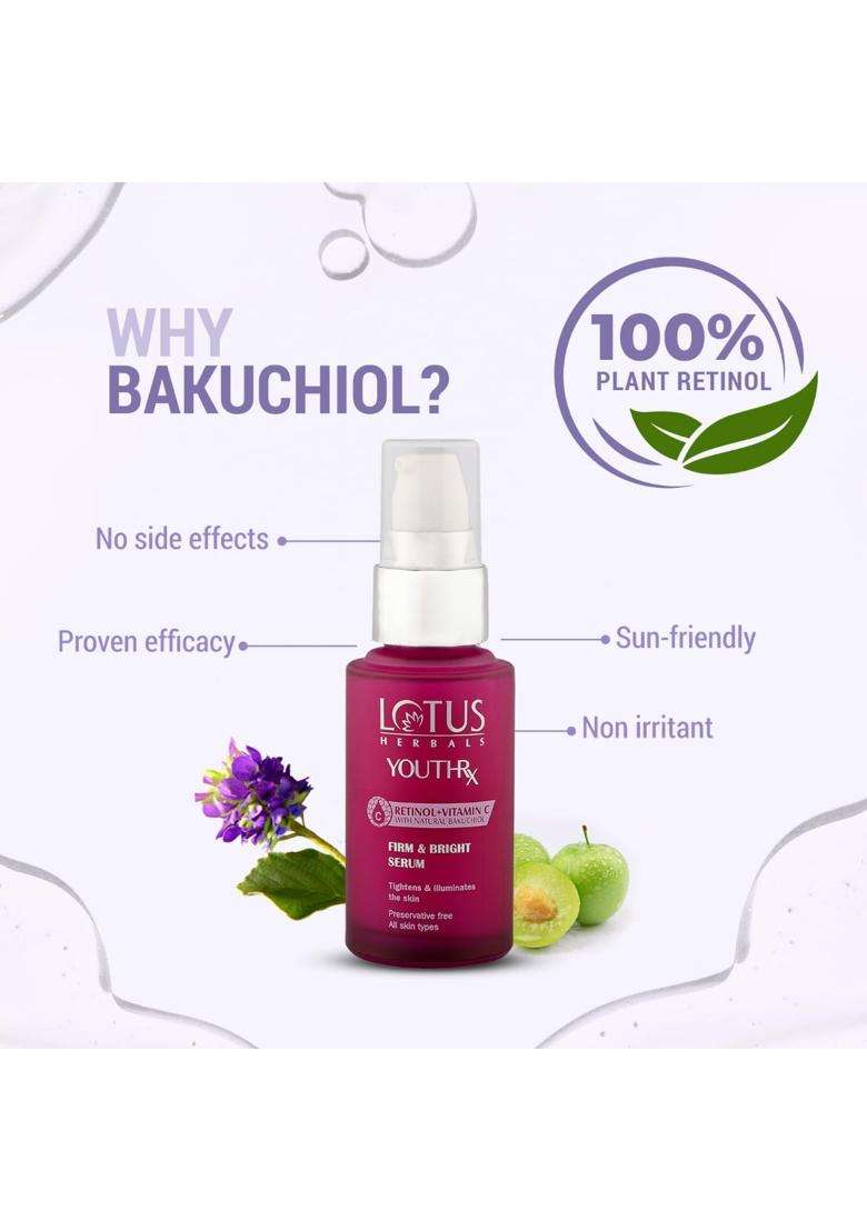 Lotus Herbals YouthRx Firm & Bright Face Serum 30 ml | Natural Herbal Care | Bakuchiol Retinol & Vitamin C | Anti Ageing & Brightening - Indya