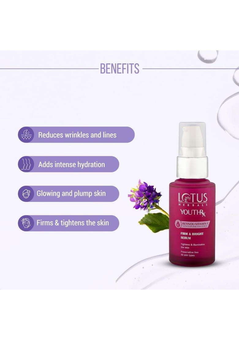 Lotus Herbals YouthRx Firm & Bright Face Serum 30 ml | Natural Herbal Care | Bakuchiol Retinol & Vitamin C | Anti Ageing & Brightening - Indya