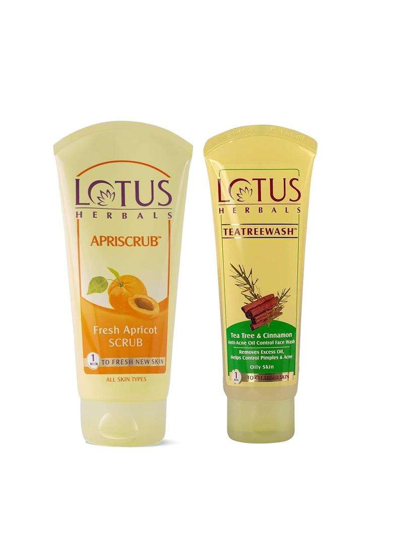 Lotus Herbals Apriscrub Exfoliating Apricot Face Scrub (100g) | Natural Herbal Care | Teatreewash & Cinnamon Face Wash (120 ml) - Indya