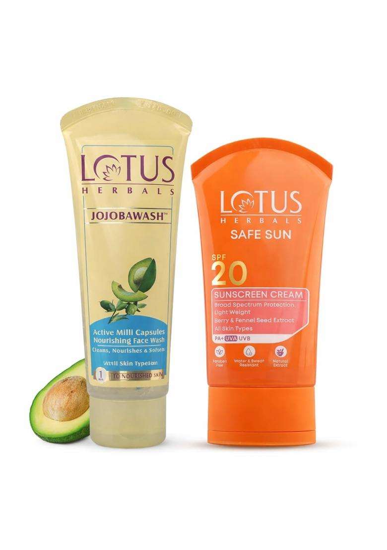 Lotus Herbals Jojoba Face Wash 120g + Safe Sun Sunscreen Cream SPF 20 PA+ 50g | Natural Herbal Care | Non-Greasy | For Women & Men - Indya