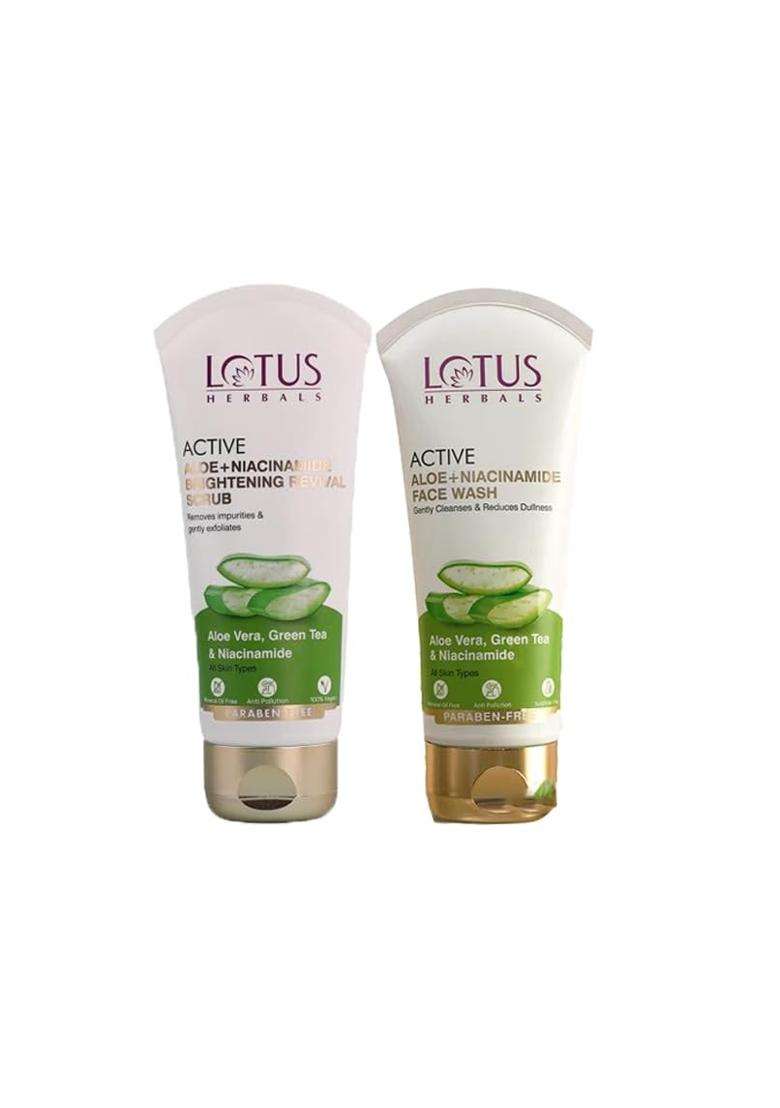 Lotus Herbals Active Aloe + Niacinamide Brightening Face Wash 100g, Scrub 100g (Pack of 2) | Natural Herbal Care - Indya