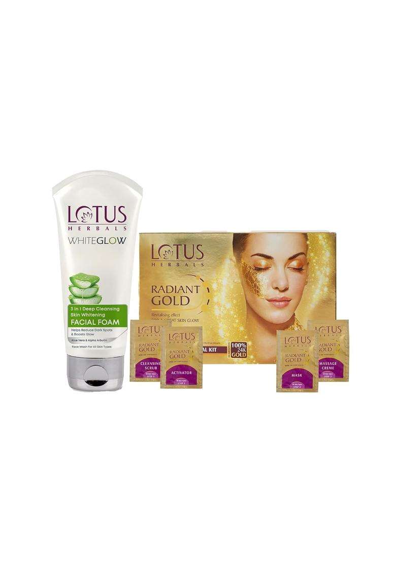 Lotus Herbals Radiant Gold Cellular Glow Facial Kit 37g + 3 in 1 Deep Cleansing Facial Foam 100g | Natural Herbal Care - Indya
