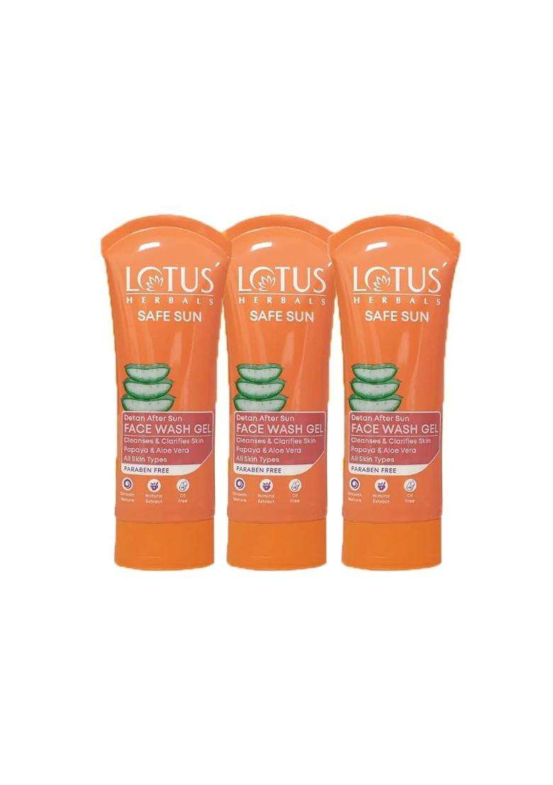 Lotus Herbals Safe Sun DeTAN After-Sun Face Wash Gel 100g (Pack of 3) | Natural Herbal Care | Papaya & Aloe Vera | Enriched with natural actives - Indya