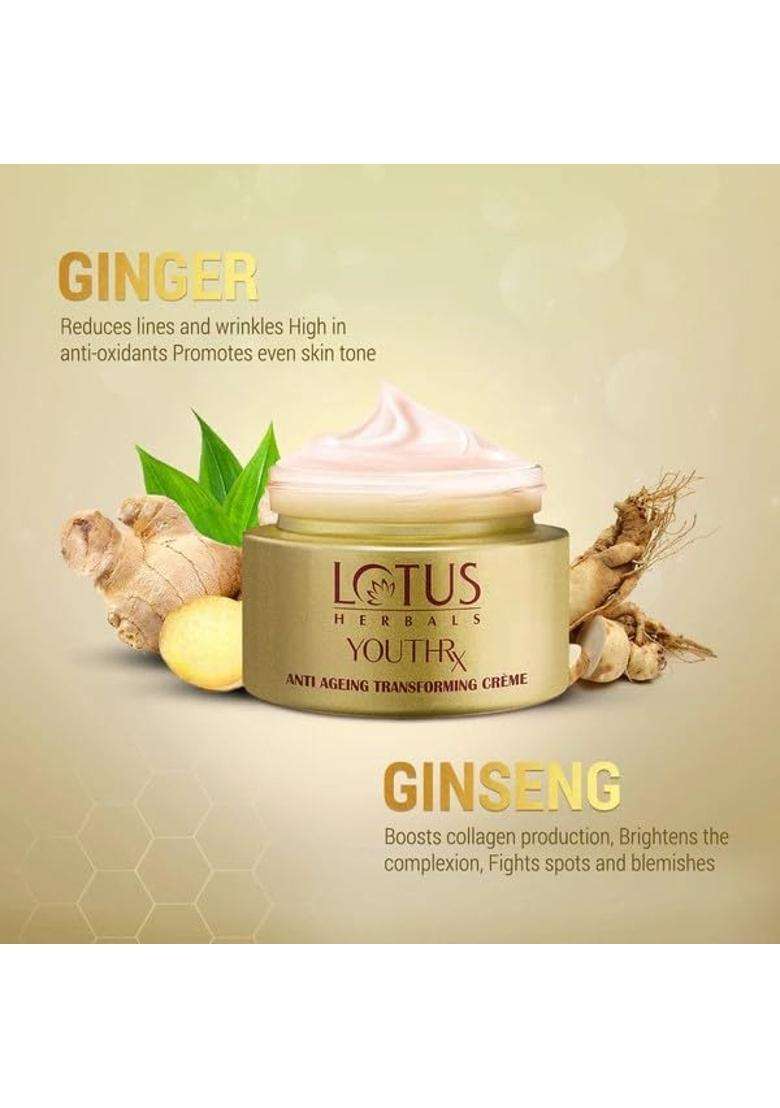 Lotus Herbals YouthRx Anti Ageing Transforming Cream_50g + Night Cream_50g + Foaming Gel Face Wash_100g (Pack of 3) | Natural Herbal Care - Indya