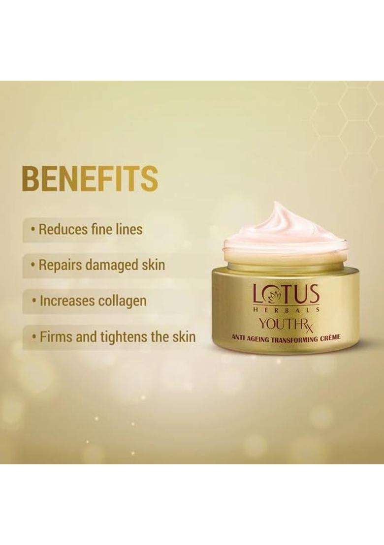 Lotus Herbals YouthRx Anti Ageing Transforming Cream_50g + Night Cream_50g + Foaming Gel Face Wash_100g (Pack of 3) | Natural Herbal Care - Indya