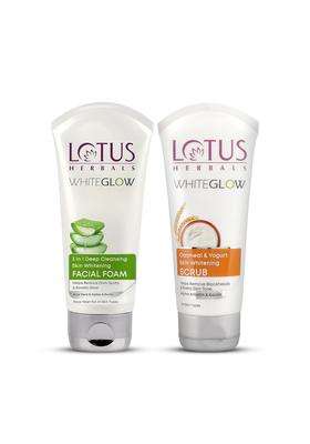 Lotus Herbals WhiteGlow Skin Brightening Combo 100g Each | Natural Herbal Care | 3-in-1 Deep Cleansing Facial Foam & Oatmeal & Yogurt Whitening Scrub