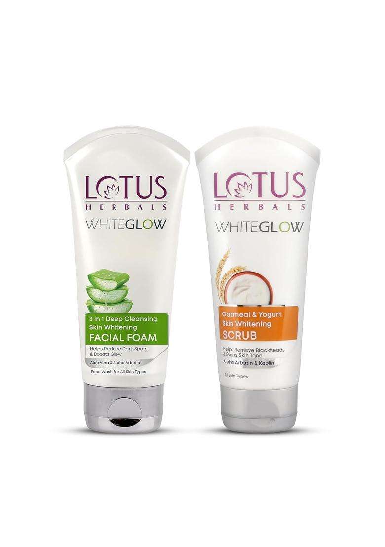 Lotus Herbals WhiteGlow Skin Brightening Combo 100g Each | Natural Herbal Care | 3-in-1 Deep Cleansing Facial Foam & Oatmeal & Yogurt Whitening Scrub - Indya