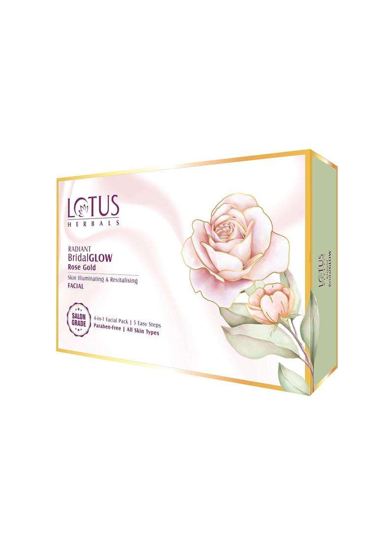 Lotus Herbals Radiant BridalGLOW Rose Gold Skin Illuminating Facial Kit 228g (Pack of 4) | Natural Herbal Care | 5 Easy Steps | Paraben Free - Indya