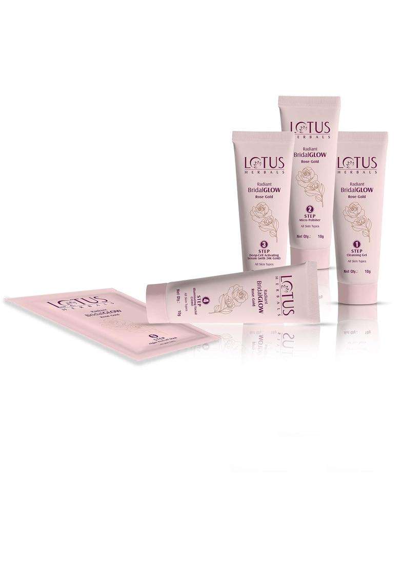 Lotus Herbals Radiant BridalGLOW Rose Gold Skin Illuminating Facial Kit 228g (Pack of 4) | Natural Herbal Care | 5 Easy Steps | Paraben Free - Indya