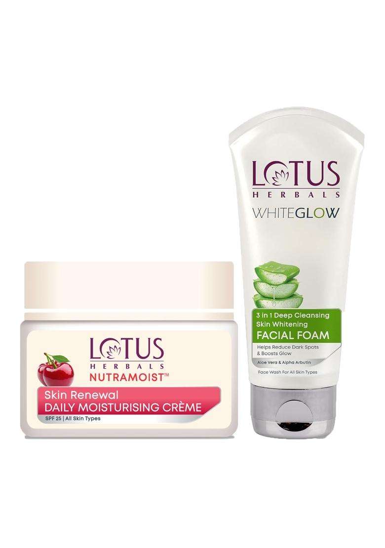Lotus Herbals Nutramoist Skin Renewal Daily Moisturising Face Cream SPF 25 50g+Lotus Herbals 3 in 1 Deep Cleansing Facial Foam | Natural Herbal Care - Indya