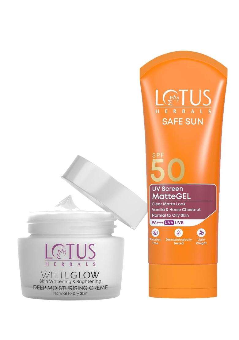 Lotus Herbals White Glow Deep Moisturising Face Cream 20 PA ++40 g+Safe Sun UV Screen Matte Gel Sunscreen SPF 50 PA+ 50g | Natural Herbal Care - Indya