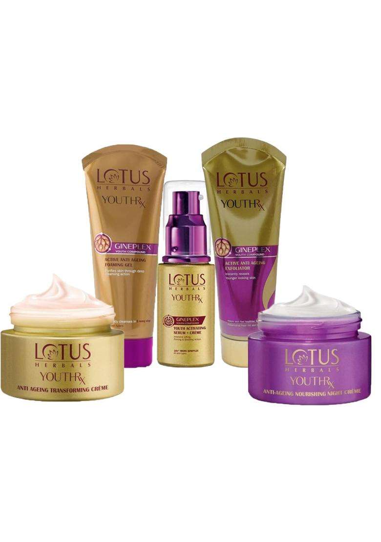 Lotus Herbals YouthRx Anti Ageing Transforming Cream_50g + Night Cream_50g + Foaming Gel_100g + Face Exfoliator_100g + Face Serum_30 ml (Pack of 5) - Indya