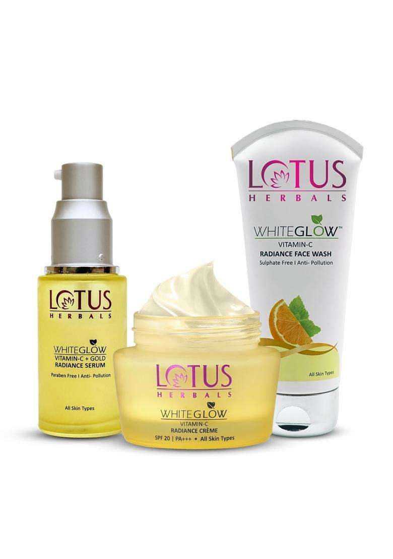 Lotus Herbals WhiteGlow Vitamin C and Gold Radiance Face Wash (100g) + Face Cream (50g) + Face Serum (30 ml) for Dark Spot Reduction and Skin - Indya