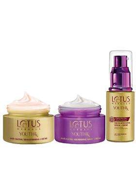 Lotus Herbals YouthRx Anti Ageing Transforming Cream_50g + Night Cream_50g + Face Serum_30g (Pack of 3) | Natural Herbal Care