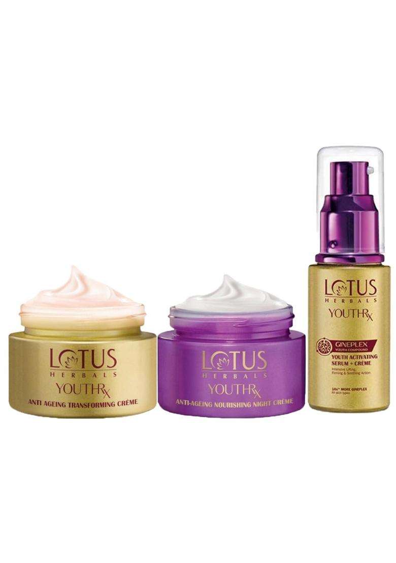 Lotus Herbals YouthRx Anti Ageing Transforming Cream_50g + Night Cream_50g + Face Serum_30g (Pack of 3) | Natural Herbal Care - Indya