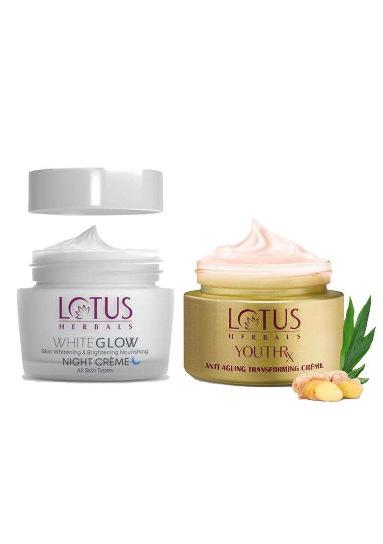 Lotus Herbals YouthRx Anti Ageing Transforming Face Cream SPF 25 50 g+WhiteGlow Skin Brightening & Nourishing Night Cream 60g | Natural Herbal Care - Indya