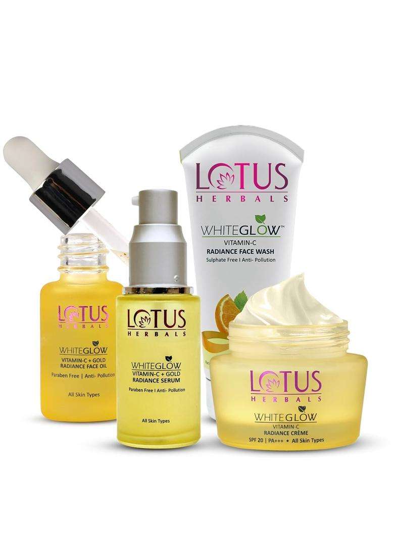 Lotus Herbals WhiteGlow Vitamin C and Gold Radiance Face Wash (100g) + Face Oil (15 ml) + Face Cream (50g) + Face Serum (30 ml) | Natural Herbal Care - Indya